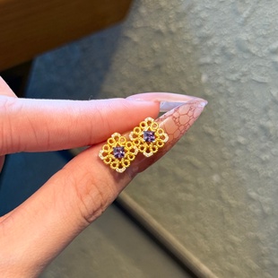 千夕 足金999菱形雕花耳钉黄金耳坠女款七夕情人节生日礼物送女友