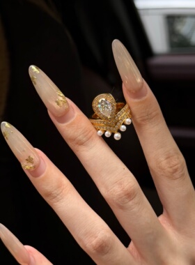 千夕足金999水滴皇冠珍珠戒黄金戒指女款情人节生日礼物送女友