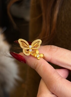 千夕足金999双生灵蝶戒黄金戒指可爱女款情人节生日礼物送女友