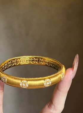 千夕 足金999点钻金币手镯黄金手镯女款情侣情人节生日礼物送女友