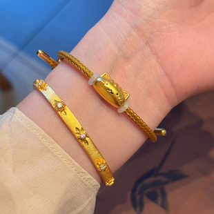 千夕 足金999小法棍猫黄金手绳春节女士平安情人节生日礼物送女友