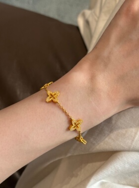 千夕 足金999双面幸运草手链黄金手链女款情人节生日礼物送女友