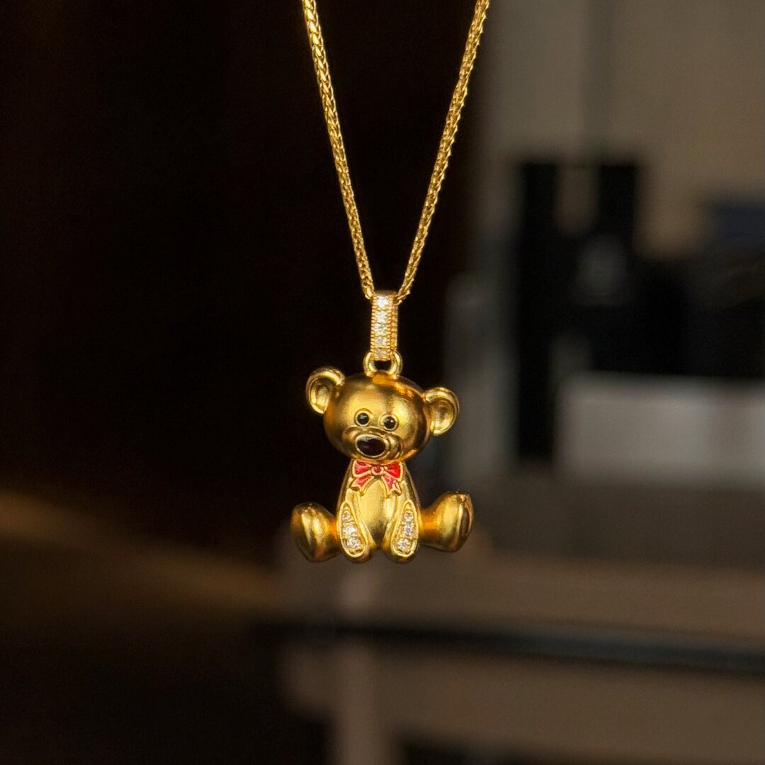 千夕 足金999点钻小熊吊坠黄金吊坠女款送女友七夕情人节生日礼物