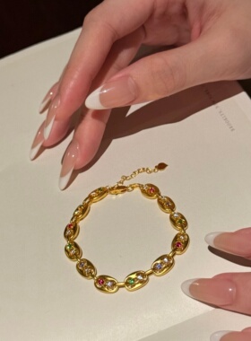 千夕 足金999猪鼻子彩色手链黄金手链女款情人节生日礼物送女友