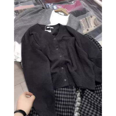 3084【巨好看黑灰开衫】春季新款针织衫宽松外穿女士慵懒风毛衣