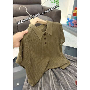 3926【苔藓绿Polo领镂空针织衫】夏季新款韩版女士短袖宽松上衣