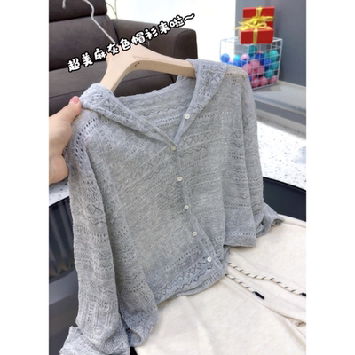 3823【麻灰色全身钩花帽衫】春季新款女士帽衫宽松外穿带帽毛衣