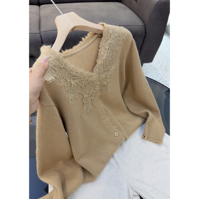 3744【V领优雅蕾丝开衫】新款气质毛衣外套宽松慵懒风女士上衣