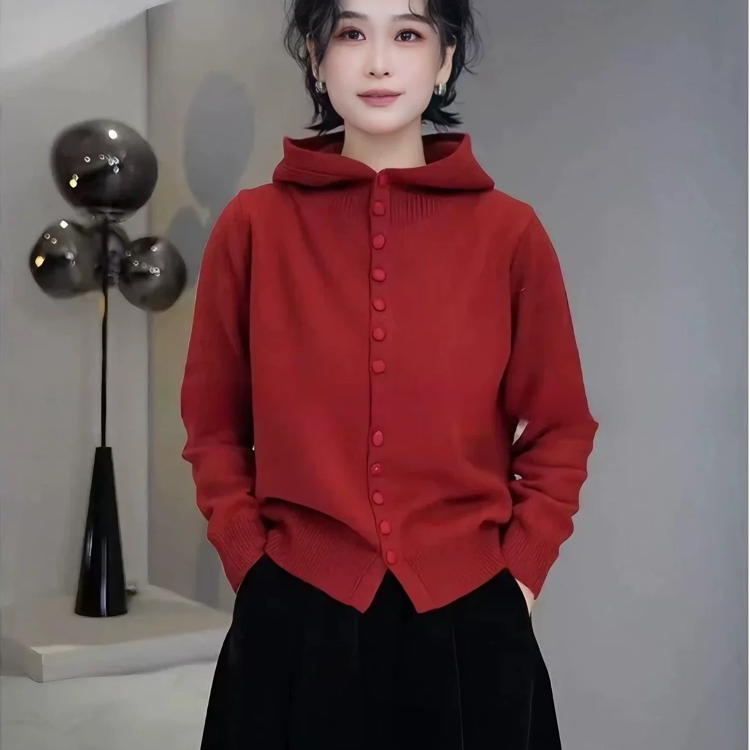 2168【女王红包扣连帽开衫】秋冬新款女士针织衫百搭上衣宽松外穿