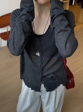 3268【V领木耳边开衫】春夏新品韩版薄款针织衫女士优雅上衣