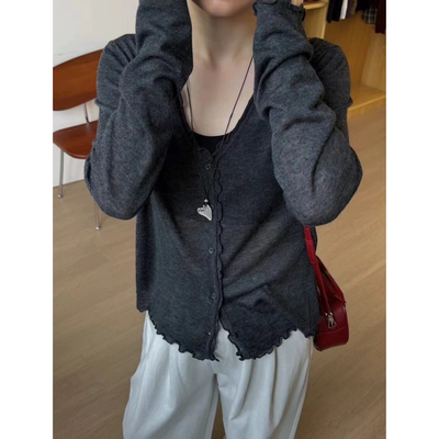 3268【V领木耳边开衫】春夏新品韩版薄款针织衫女士优雅上衣