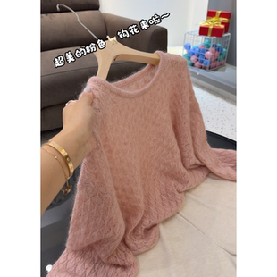 5031【超美的粉色钩花针织衫】秋季新款女士设计感上衣