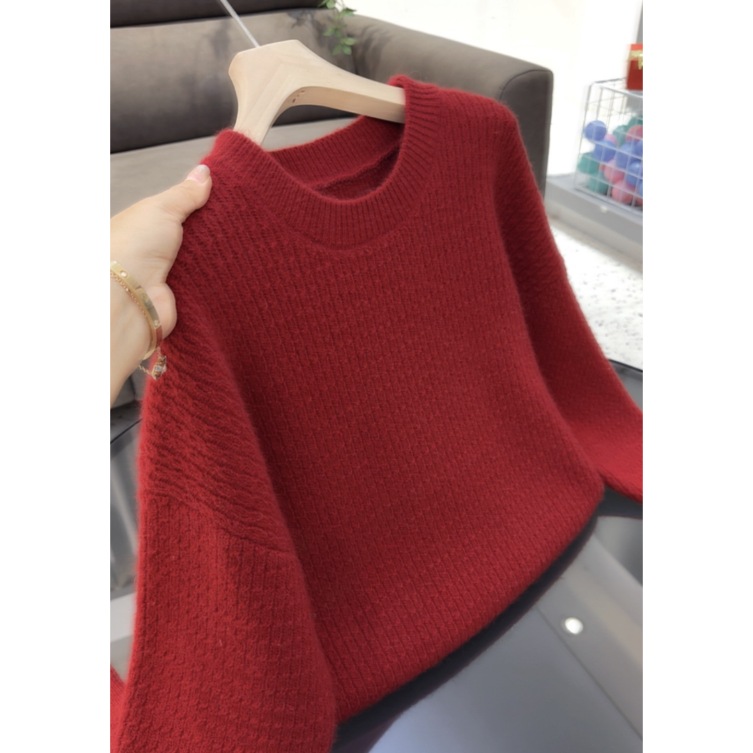 2207【圆领全身小麻花毛衣】秋冬新款韩版宽松外穿女士红色针织衫