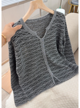 3394【黑灰色剪刀领毛衣】秋冬慵懒外穿圆领ins百搭上衣