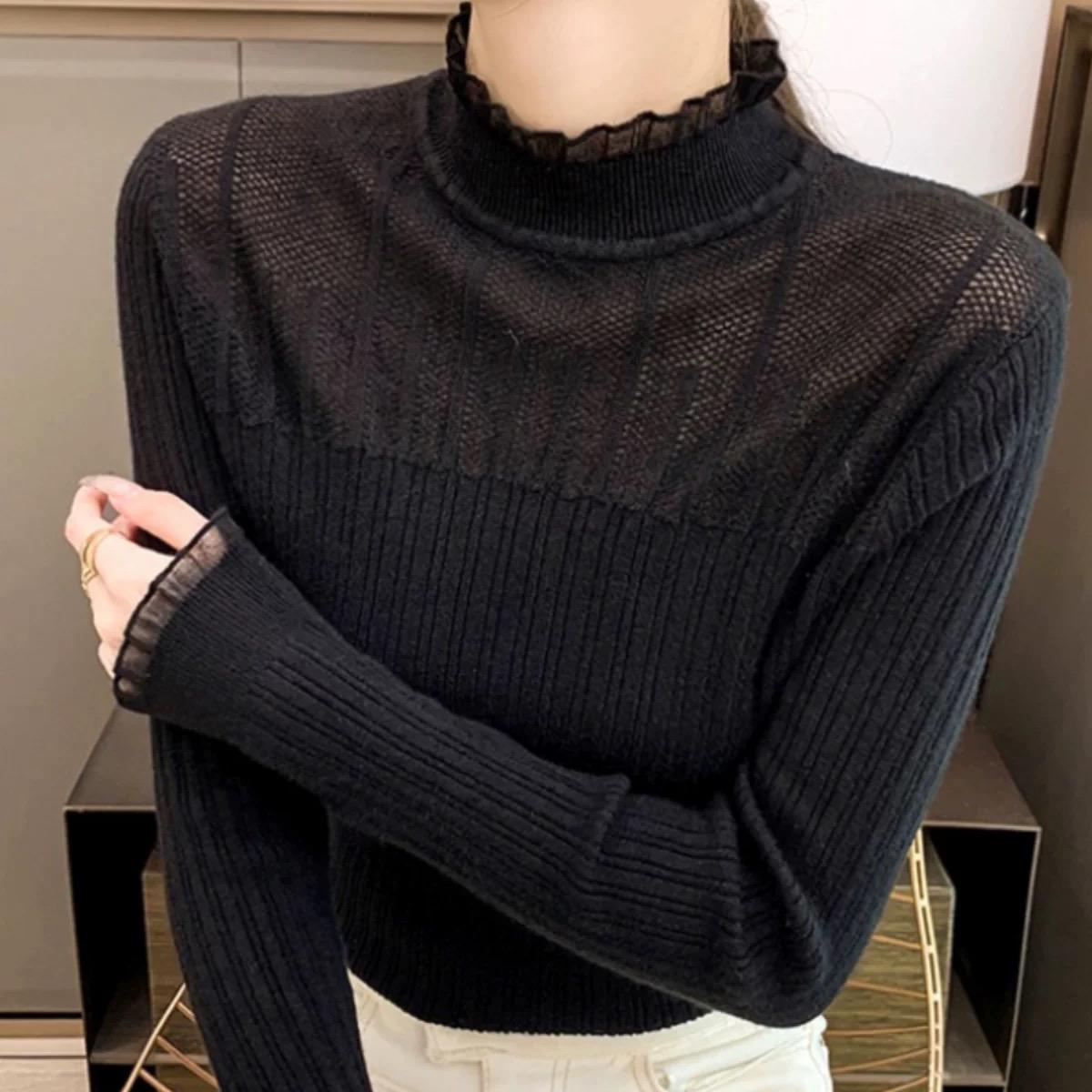 RC【蕾丝边钢琴纹针织打底衫】秋冬新款女士堆堆领打底衫宽松外穿