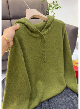 3704【钩花帽包扣针织衫】秋季新款女士气质帽衫宽松外穿带帽毛衣