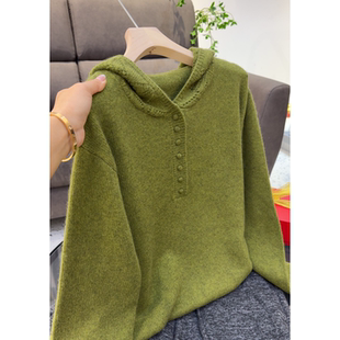 3704【钩花帽包扣针织衫】秋季新款女士气质帽衫宽松外穿带帽毛衣