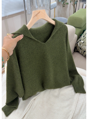 3498【气质翻领宽松毛衣】秋冬新款女士韩版宽松外穿上衣