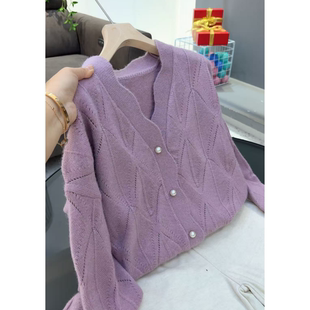 新款 2365 V领钩花珍珠扣开衫 春季 设计感毛衣外套 韩版