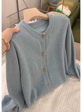 2264【宝石扣亮片开衫】秋冬新款圆领针织宽松女士百搭毛衣