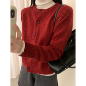 3752 女士百搭针织上衣宽松外穿 新款 花纱红木纹扣开衫 春季