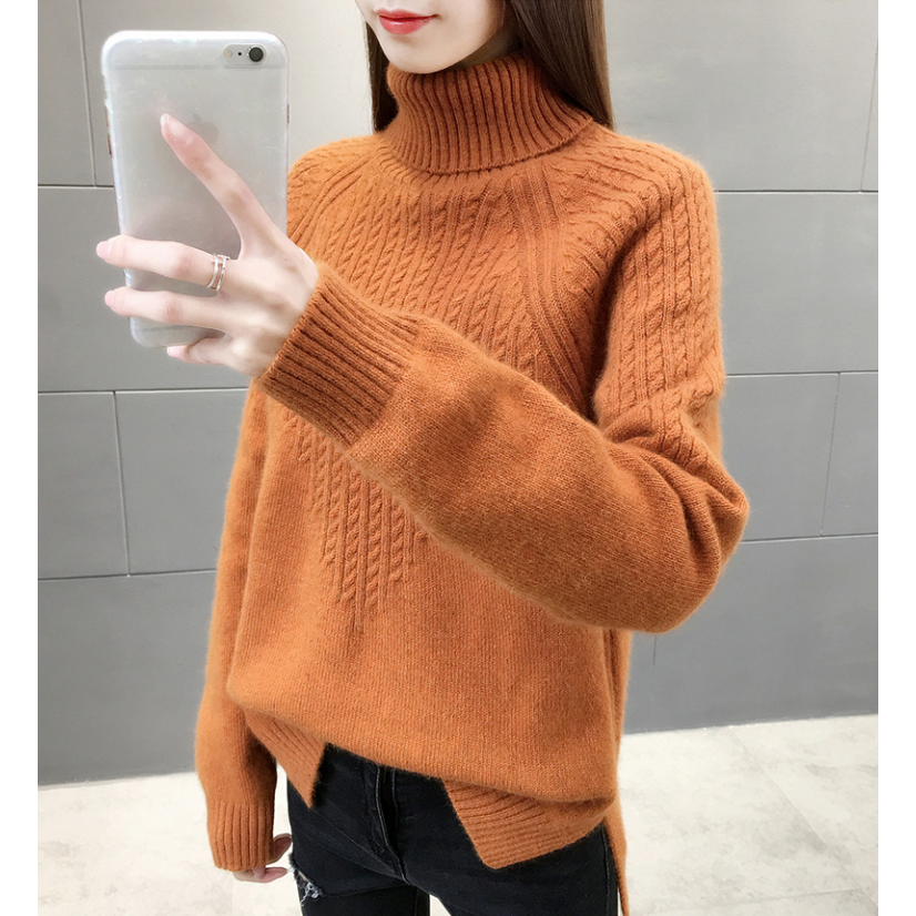 2212【高领V提花小麻花毛衣】女士加厚宽松内搭插肩袖针织打底衫
