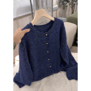 新款 秋季 气质毛衣外套女宽松慵懒上衣 温柔蓝眼泪金扣开衫 3491