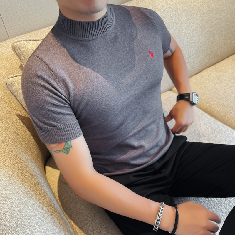 韩版修身男士秋装半高领短袖T恤型男紧身弹力针织衫中领打底内搭