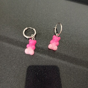 Stray Kids组合Felix李龙馥同款耳环 甜美粉色小熊耳夹耳扣软糖风