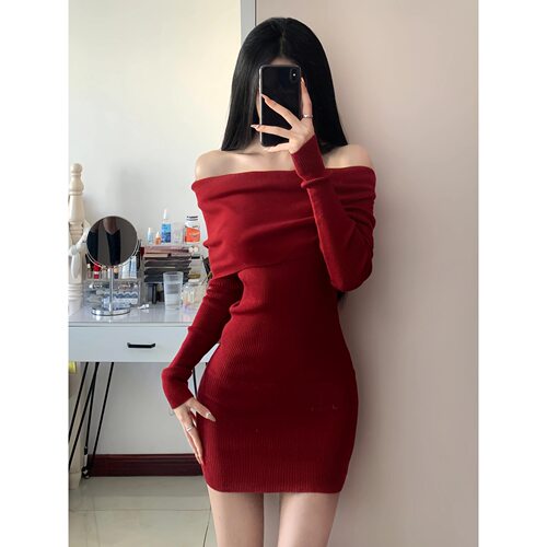 Red One-Shoulder Knit Bodycon Dress Women Short Sleeve