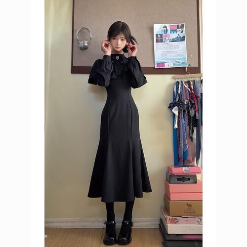 Gothic Sweet Edge Spring Black Pencil Skirt Dress with Cape