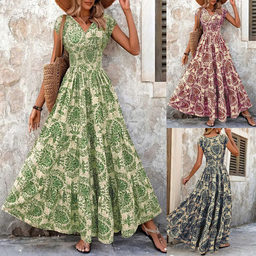 V-Neck Short Sleeve Printed Maxi Dress Retro for Women