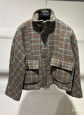 意大利正品代购 iblues 25秋冬PORTO 女士百搭格纹小香风立领外套