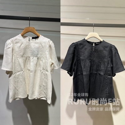 短袖休闲常规刺绣亚麻上衣