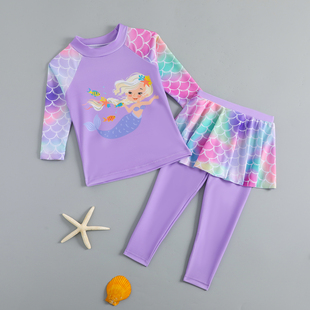 两件套美人鱼印花游泳衣女宝宝温泉 长裤 新款 儿童泳衣女童分体长袖