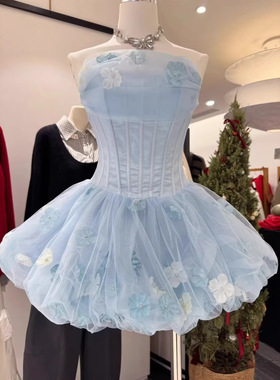 越南小众设计精致名媛优雅短款礼服裙约会立体花华蓬蓬裙洋装0121