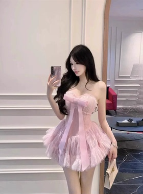 越南设计师新款法式精致婚纱洋装派对宴会减龄蝴蝶结抹胸裙1210