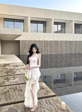 越南设计小众抹胸不规则蛋糕长连衣裙无袖露背抹胸宴会礼服0302