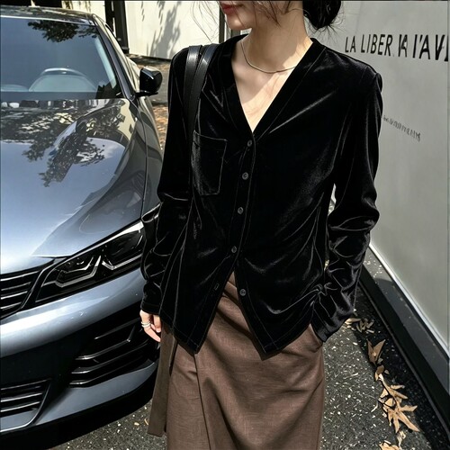 复古丝绒V领开衫女长袖衬衫