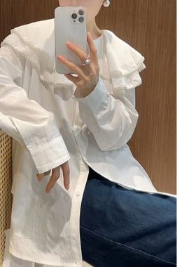 欧洲站2026春款新法式复古风白色娃娃领荷叶边衬衫女宽松减龄上衣