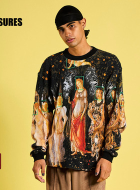 PLEASURES  高街设计感满版油画创意字母印花长袖T恤男女同款全棉