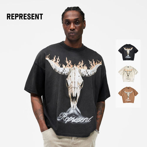【new vintage】REPRESENT 26SS 牛仔火焰牛头骨印花做旧短袖T恤