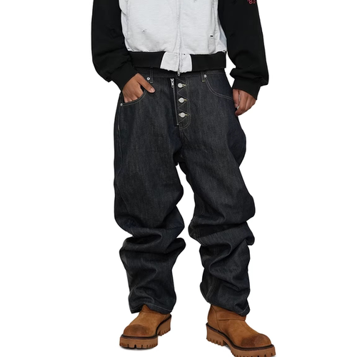 春夏复古做旧皮革拼接阔腿牛仔裤