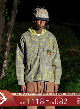 PLEASURES  拼色logo贴布格子格纹连帽夹克男女同款50%羊毛外套