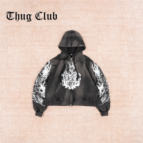 THUGCLUBTC徽章黑色拉链连帽衫