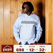 PLEASURES 摇滚DJ印花翻领 男女同款 美式 字母logo条纹牛津衬衫