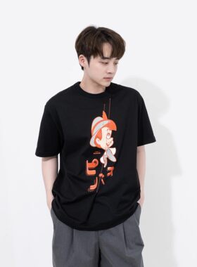 KOLOR 阿部润一 日本男夏季匹诺曹卡通拼接缝线圆领宽松短袖T恤