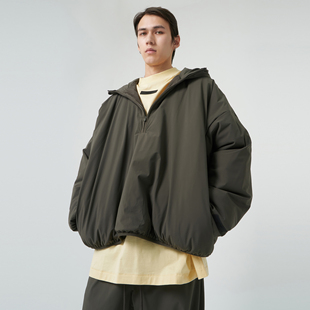 Essentials God 尼龙连帽半拉链棉服logo贴标夹克外套 Fear