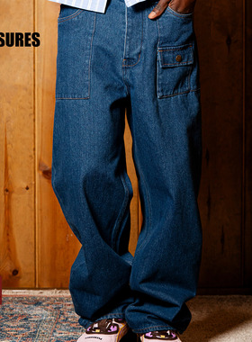 PLEASURES  多口袋纯色复古直筒牛仔裤潮男街头刺绣贴袋宽松长裤