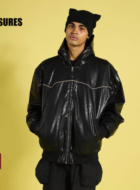 PLEASURES  3D连帽PU夹克男女同款高街字母logo刺绣亮面皲皱外套
